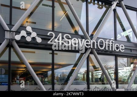 Oslo, Norway - October 14, 2022: Close up of 24SevenOffice sign on its office building. Stock Photo