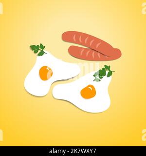 Fried eggs with sausages and parsley on yellow background, vector illustration Stock Vector