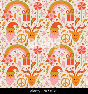 Seamless pattern with retro 70s style Christmas elements. Stock Vector