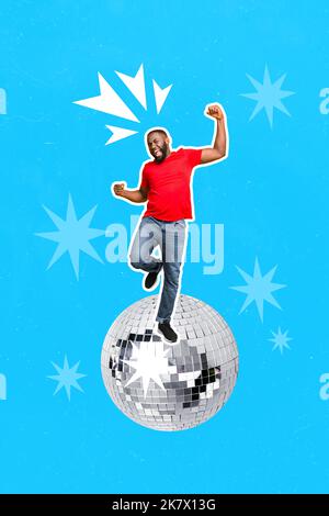 Creative abstract template collage of funny funky young man raise fists dancing bright retro vintage disco ball have fun enjoy party Stock Photo