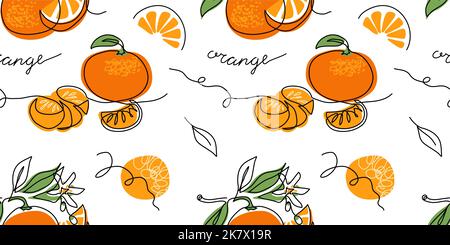 Orange, mandarin vector citrus pattern. One continuous line art drawing. Orange seamless pattern Stock Vector