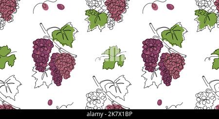 Red grape bunch vector pattern, print, wallpaper, texture. One single line art drawing. Grape seamless pattern for label design of juice or wine Stock Vector