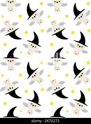 Vector seamless pattern of flat cartoon wizard owl with hat isolated on white background Stock Vector