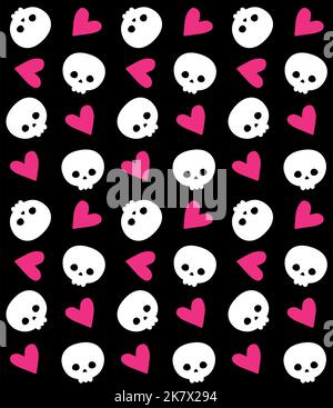 Vector seamless pattern of hand drawn flat skull and hearts isolated on black background Stock Vector