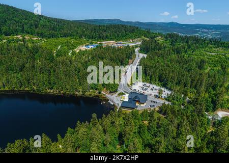 The beautiful embedded Great Arber Lake in Bavarian Forest from above Stock Photo