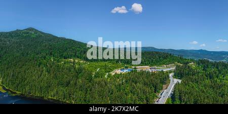 The beautiful embedded Great Arber Lake in Bavarian Forest from above Stock Photo