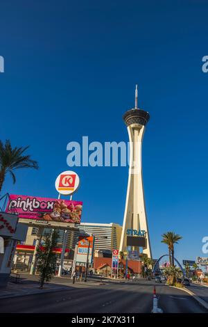 Beautiful view of main tower of The Strat hotel on blue sky background. Las Vegas,  Nevada,  USA. Stock Photo