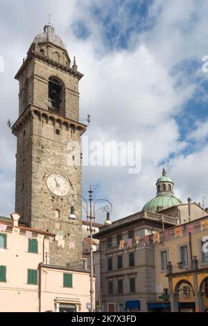 Pontremoli, Italy - October 19, 2022 - View of the historic center of Pontremoli: the campanone (the big bell) and the cathedral. Stock Photo