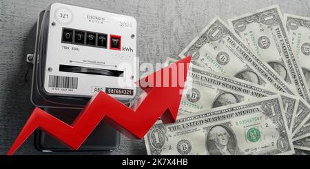 Electricity meter and dollar banknotes - energy bill concept - 3D ...