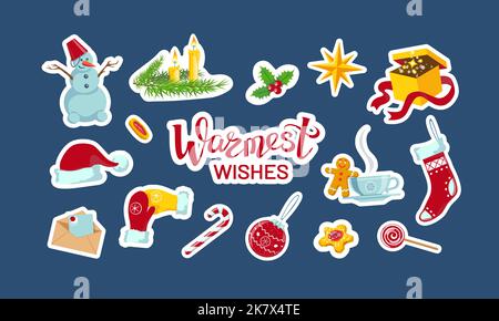 Cute cartoon stickers, Boxing Day, Christmas and New Year objects and lettering Warmest Wishes. Favorite symbols and items of winter festival. Santa h Stock Vector