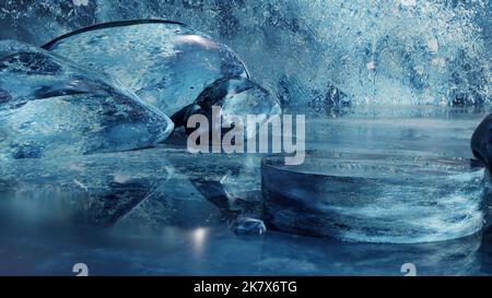 3d podium in ice cube, empty space for product showcase in ice, ice product presentation concept design, 3d frozen ice scene illustration Stock Photo