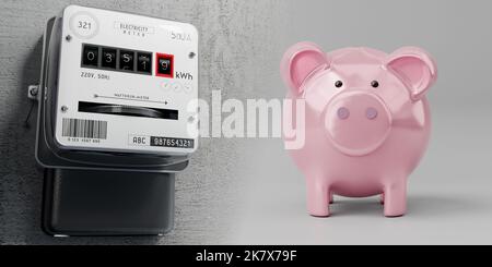 Electricity meter and piggy bank - 3D illustration Stock Photo - Alamy