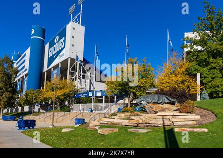 Provo, UT - October 14, 2022: LaVell Edwards Stadium on the campus of Brigham Young University, BYU, in Provo, Utah, with Cougar Mascot in the foregro Stock Photo