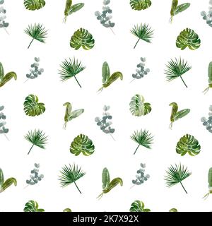 Seamless palm leaf eucalyptus a watercolor pattern Stock Photo