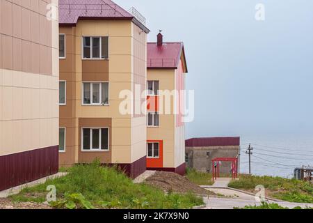 cityscape of the village of Yuzhno-Kurilsk on the island of Kunashir Stock Photo