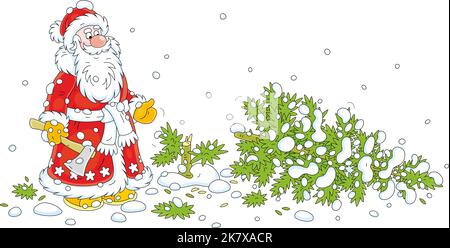 Santa Claus with an axe and a felled green fir tree on a snowy forest glade Stock Vector
