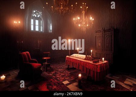 A gothic interior of a vampire castle of Transylvania, lit by candles ...