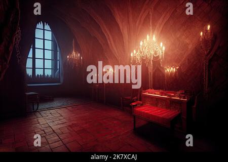 Gothic setting inside of an ancient vampire castle of Transylvania for games as a background. There are candles for satanic rituals and sacrifices of Stock Photo