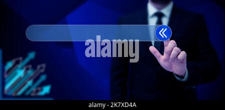 Man Standing Holding Tablet And Pressing On Search Bar. Business Man Carrying Pad Tapping Switch Showing New Futuristic Technologies. Stock Photo