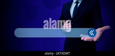Man Standing Holding Tablet And Pressing On Search Bar. Business Man Carrying Pad Tapping Switch Showing New Futuristic Technologies. Stock Photo