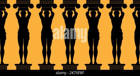 Ancient atlant statue columns black silhouette vector illustration. Antique Greek style art background. Stock Vector