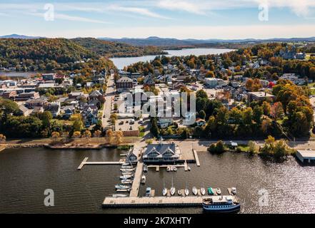 Aerial view of the city of Newport in Vermont from above the lake with autumn colors and leaves Stock Photo