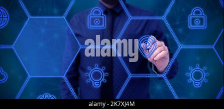 Man Standing Holding Tablet And Pressing On Virtual Button. Business Man Carrying Pad Tapping Switch Showing New Futuristic Technologies. Stock Photo