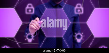 Man Standing Holding Tablet And Pressing On Virtual Button. Business Man Carrying Pad Tapping Switch Showing New Futuristic Technologies. Stock Photo