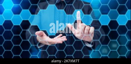 Man Standing Holding Tablet And Pressing On Virtual Graph. Business Man Carrying Pad Tapping Switch Showing New Futuristic Technologies. Stock Photo