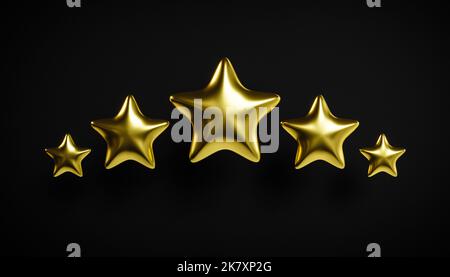 Five gold stars on dark background. Good rating. 3d rendering Stock Photo