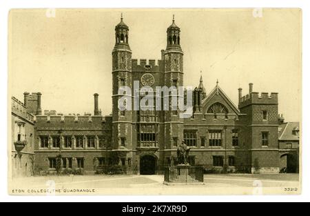 Original photochrom and sepia toned postcard of Eton College, an independent school with boarders. Prince William and Prince Harry, British Royals, attended this school. Postcard is of exterior showing the Quadrangle and clock tower, Lupton's Tower, School Yard, Twenty prime ministers were schooled at Eton College. Eton, Berkshire, England, U.K., circa 1910. Stock Photo