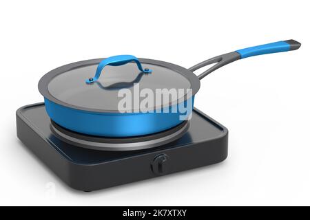 Frying pan or wok with glass lid on portable camping electric stove on white background. 3d render of non-stick kitchen utensils Stock Photo