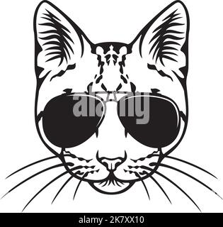 Cat Face with Aviator Sunglasses Black and White. Vector Illustration. Stock Vector