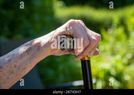 A close up of a womans hand holding a walking stick, with a shallow depth of field Stock Photo