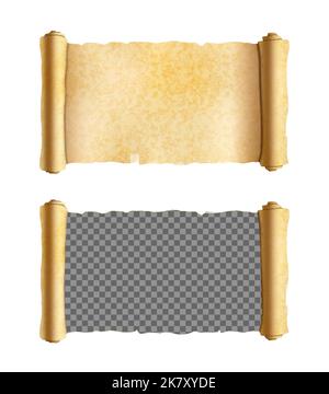 Old textured horizontal wide papyrus scroll, mockup with transparent place, template on white Stock Vector