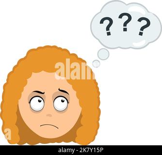 Vector illustration of a cartoon woman with a thinking or doubt expression, with a thought cloud and question marks Stock Vector