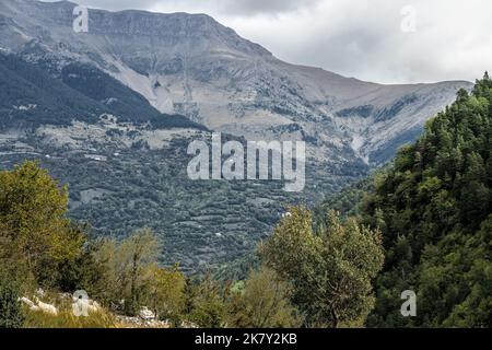 magnificent view of Spanish Pyrenees mountains with rock outcrops and forest covered slopes Stock Photo