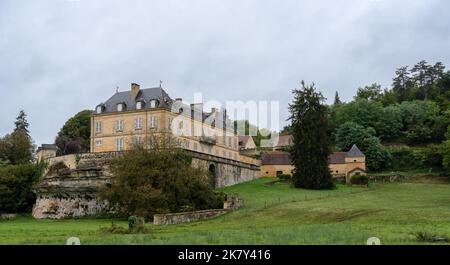 Large French normandy style chateau built on a rock plateau with outbuildings and extensive lawns Stock Photo