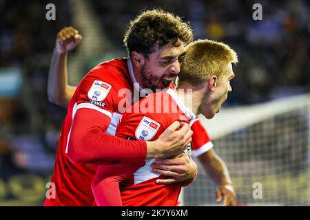Wigan, UK. 19th Oct, 2022. Duncan Watmore and Matt Crooks of Middlesbrough celebrates Middlesbrough 2nd goal during the EFL Sky Bet Championship match between Wigan Athletic and Middlesbrough at the DW Stadium, Wigan, England on 19 October 2022. Photo by Ben Wright. Editorial use only, license required for commercial use. No use in betting, games or a single club/league/player publications. Credit: UK Sports Pics Ltd/Alamy Live News Stock Photo