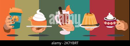 Autumn hot drinks collection. Hot chocolate, pumpkin spice coffee, cocoa with whipped cream and marshmallows, tea. Autumn holidays banner design. Vector illustration Stock Vector