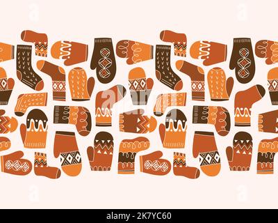 Colorful Retro Knitted Mittens and Socks Vector Seamless Horizontal Pattern Border Stock Vector