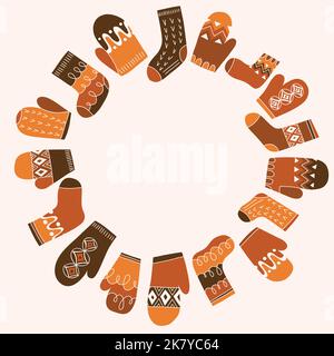 Colorful Retro Knitted Mittens and Socks Vector Round Frame Stock Vector