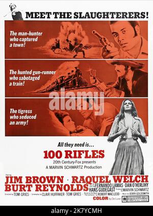 Jim Brown, Burt Reynolds & Raquel Welch Poster Film: 100 Rifles (USA 1969)   Director: Tom Gries 26 March 1969   **WARNING** This Photograph is for editorial use only and is the copyright of 20TH CENTURY FOX and/or the Photographer assigned by the Film or Production Company and can only be reproduced by publications in conjunction with the promotion of the above Film. A Mandatory Credit To 20TH CENTURY FOX is required. The Photographer should also be credited when known. No commercial use can be granted without written authority from the Film Company. Stock Photo