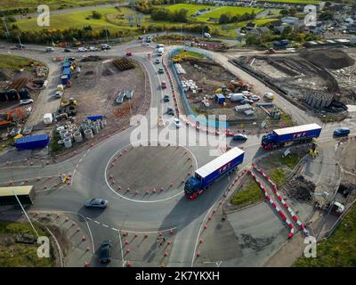 Aerial view of roadworks and traffic cones during the dualling of the A465 road in South Wales. Stock Photo