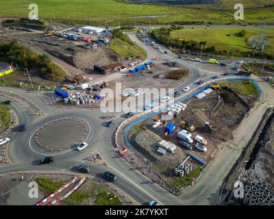 Aerial view of roadworks and traffic cones during the dualling of the A465 road in South Wales. Stock Photo