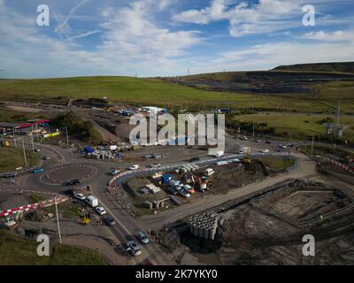 Aerial view of roadworks and traffic cones during the dualling of the A465 road in South Wales. Stock Photo