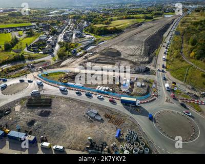 Aerial view of roadworks and traffic cones during the dualling of the A465 road in South Wales. Stock Photo