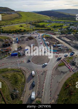 Aerial view of roadworks and traffic cones during the dualling of the A465 road in South Wales. Stock Photo