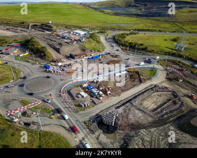 Aerial view of roadworks and traffic cones during the dualling of the A465 road in South Wales. Stock Photo