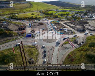 Aerial view of roadworks and traffic cones during the dualling of the A465 road in South Wales. Stock Photo